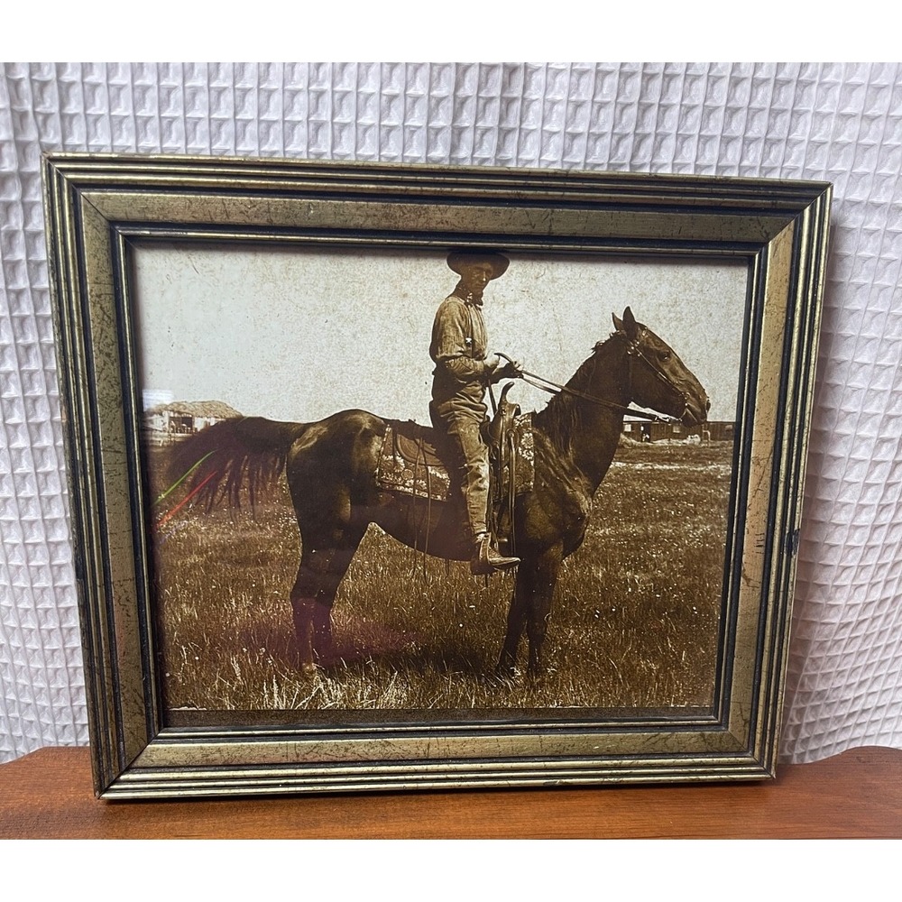 Framed Vintage Sepia Cowboy on Horseback Photo -Rustic Western Wall Decor